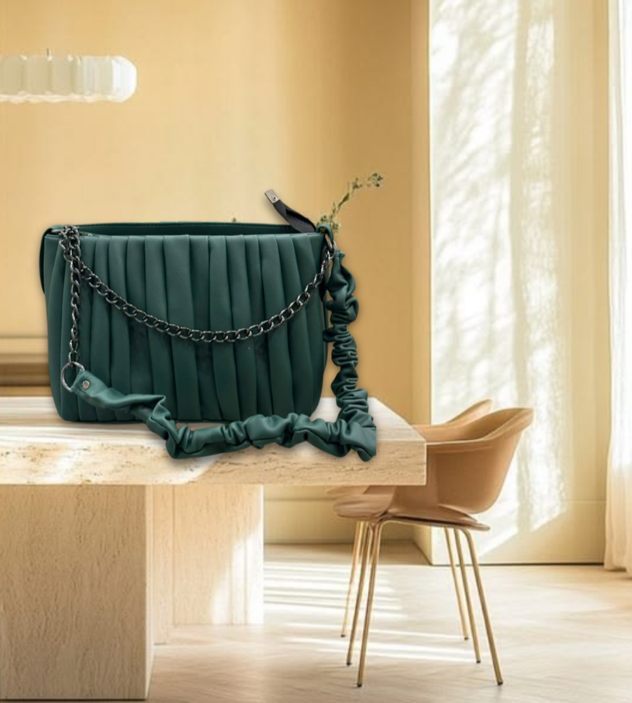Deep teal pleated shoulder bag with a chain strap