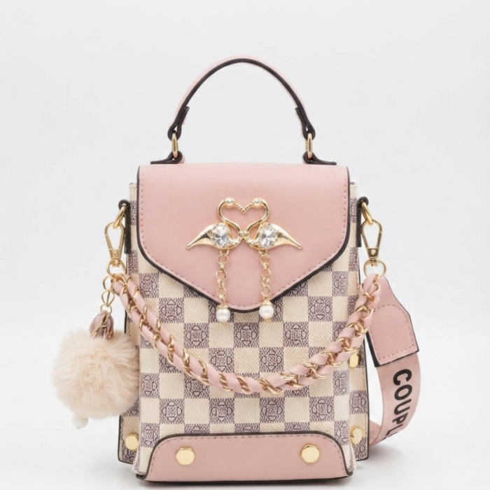 Pink & Cream Checkered Mini Backpack Bag with Swan Charm & Fur Ball