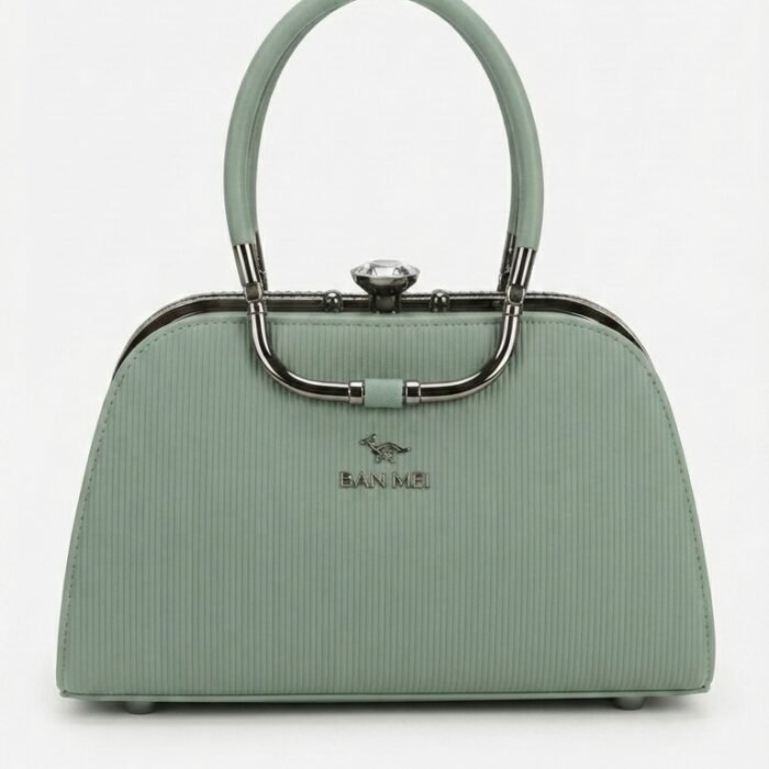 Ban Mei Sage Green Frame Bag with Crystal Clasp & Silver Arch Handle