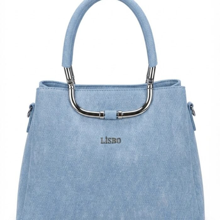 Lisbo Light Denim Blue Suede Tote Bag with Silver Arch Handles