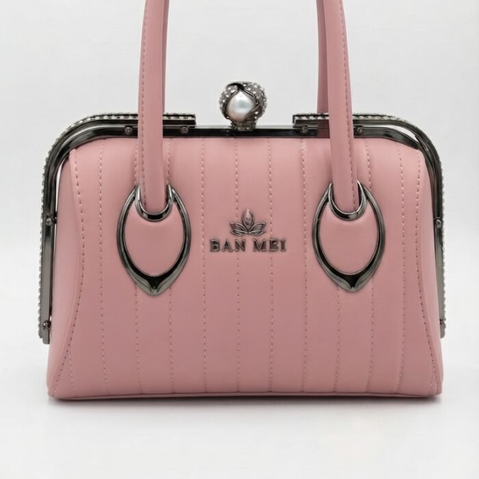 Ban Mei Soft Pink Frame Bag with Pearl Crystal Clasp & Oval Ring Hardware
