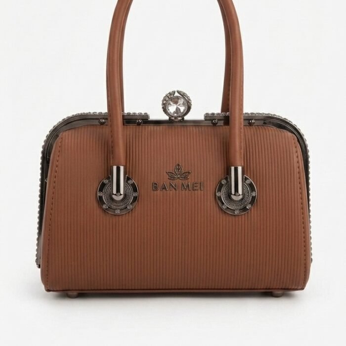 Ban Mei Tan Brown Vintage Frame Top-Handle Bag with Crystal Clasp