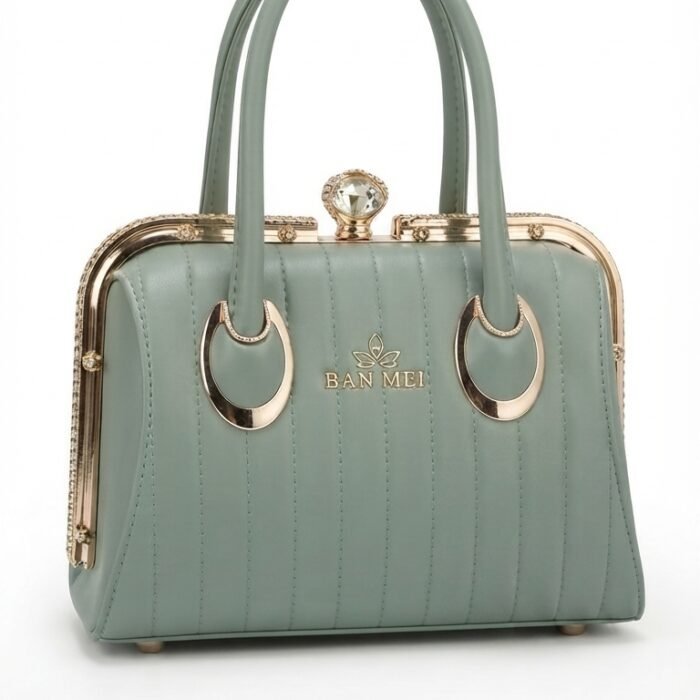 Ban Mei Sage Green Gold-Frame Bag with Diamond Crystal Clasp & C-Ring Hardware