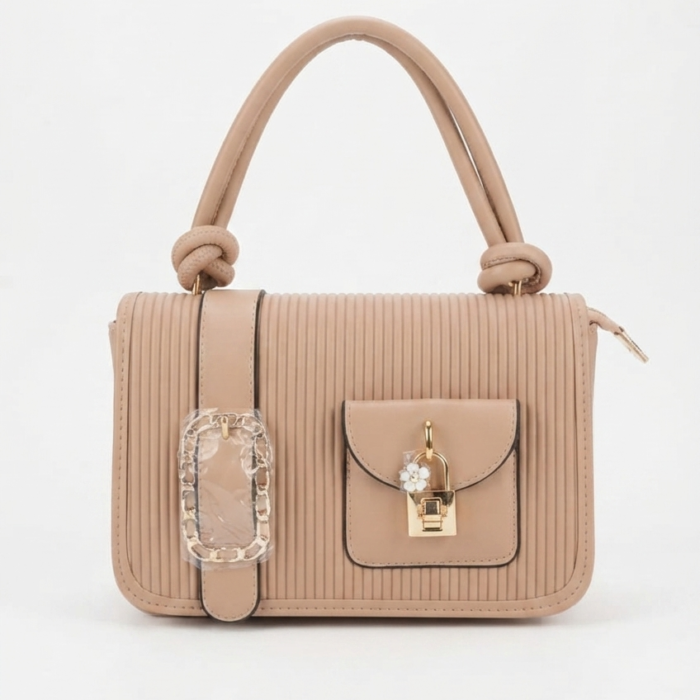 Beige Knotted Top-Handle Flap Bag with Ribbed Texture & Padlock Charm