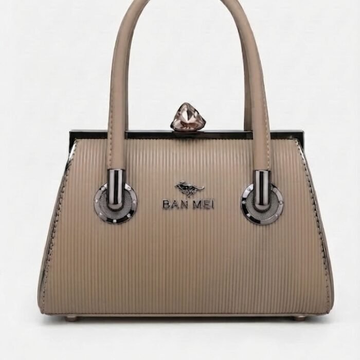 Ban Mei Taupe Frame Bag with Ribbed Texture & Triangle Crystal Clasp