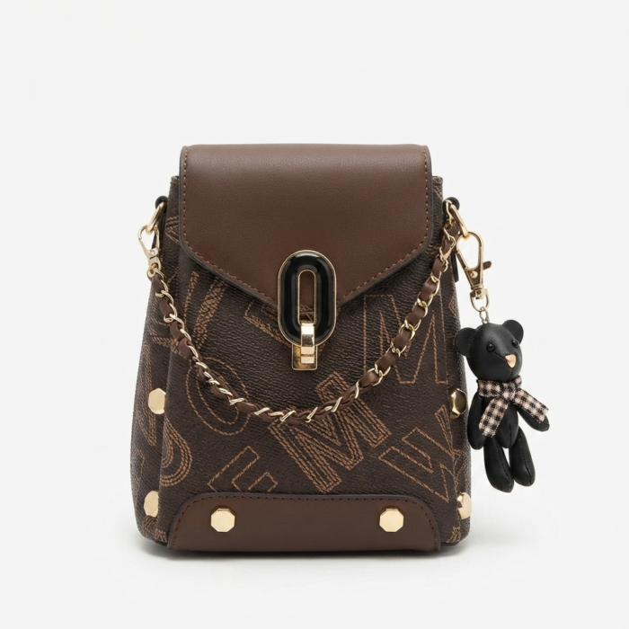 Brown Monogram Mini Backpack Bag with Teddy Bear Charm & Oval Lock