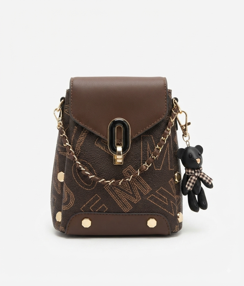 Brown Monogram Mini Backpack Bag with Teddy Bear Charm & Oval Lock