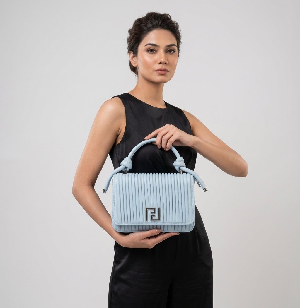 Ice Blue Knotted Top-Handle Flap Bag with Ribbed Texture & Silver Logo - Image 2