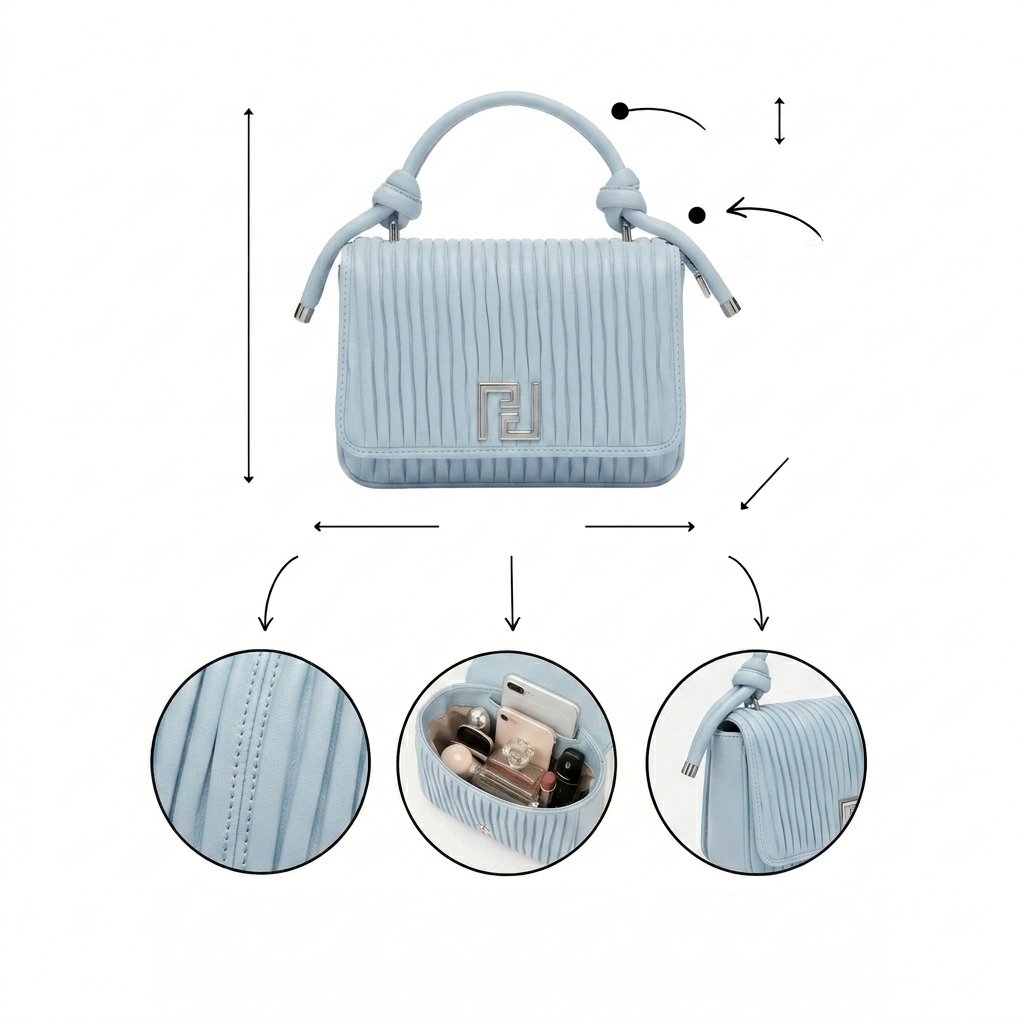 Ice Blue Knotted Top-Handle Flap Bag with Ribbed Texture & Silver Logo - Image 3