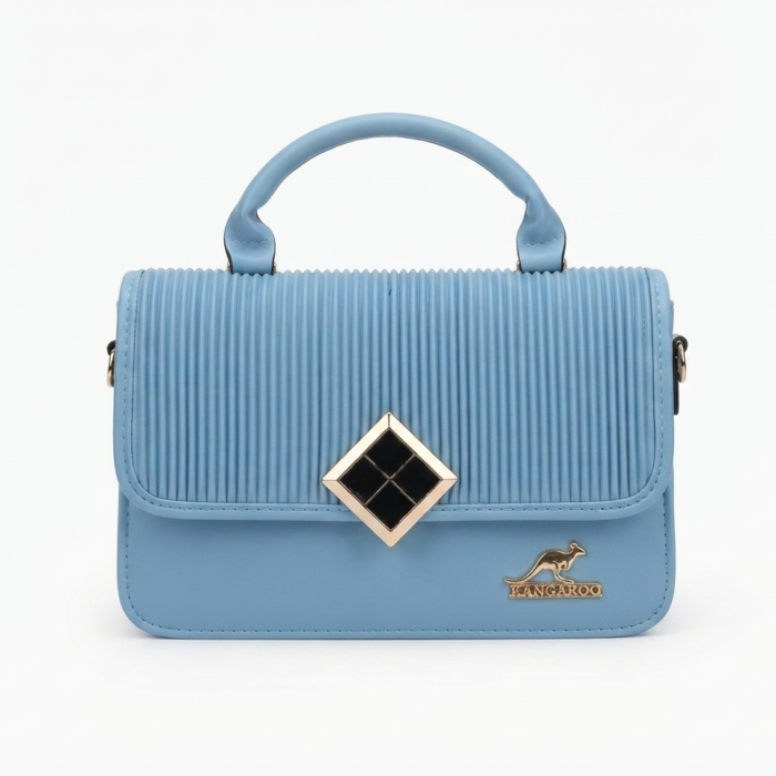 Kangaroo Blue Ribbed Top-Handle Flap Bag with Diamond Buckle