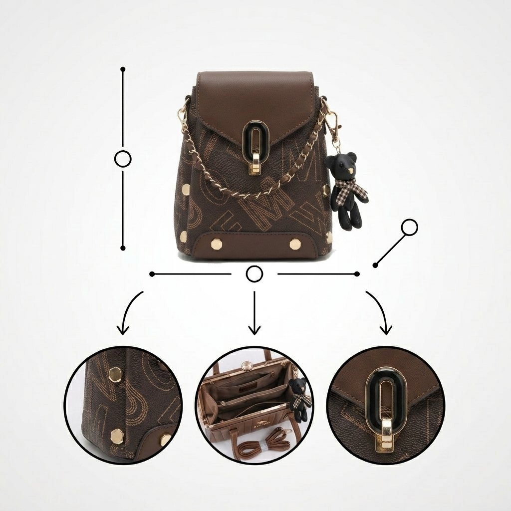 Brown Monogram Mini Backpack Bag with Teddy Bear Charm & Oval Lock - Image 4