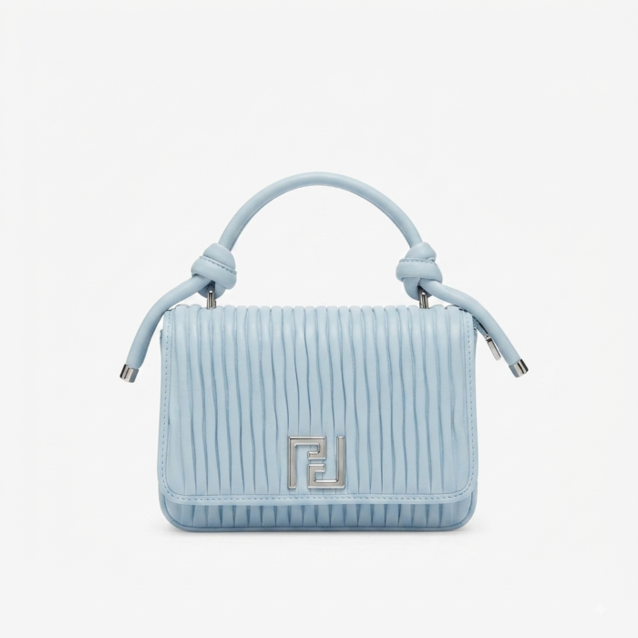 Ice Blue Knotted Top-Handle Flap Bag with Ribbed Texture & Silver Logo