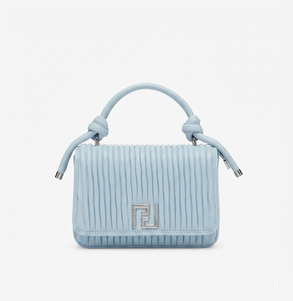 Ice Blue Knotted Top-Handle Flap Bag with Ribbed Texture & Silver Logo