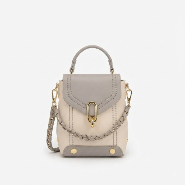 Cream & Grey Two-Tone Mini Convertible Backpack Bag with Braided Strap