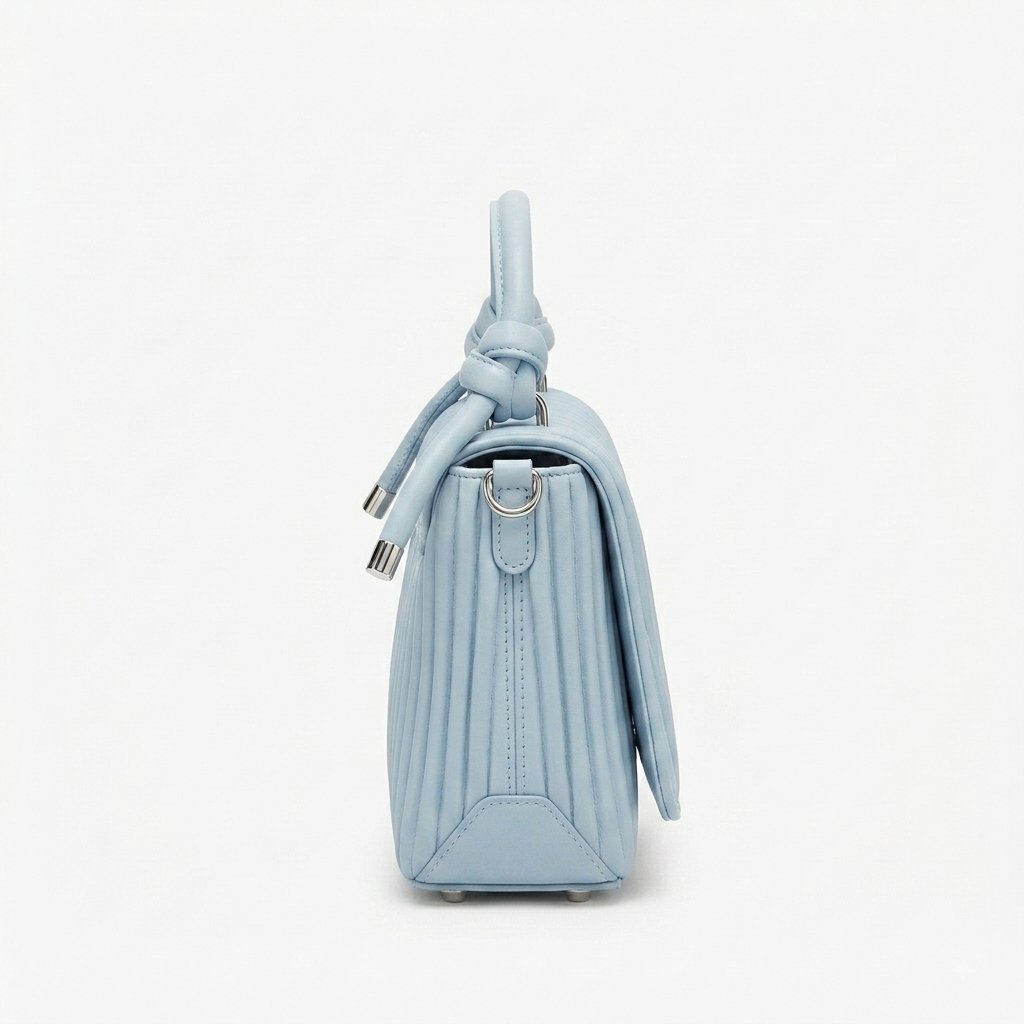Ice Blue Knotted Top-Handle Flap Bag with Ribbed Texture & Silver Logo - Image 4