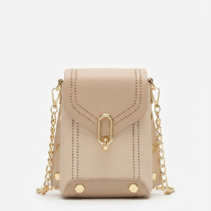 Beige Minimalist Flap Crossbody Bag with Gold Oval Lock & Chain Strap