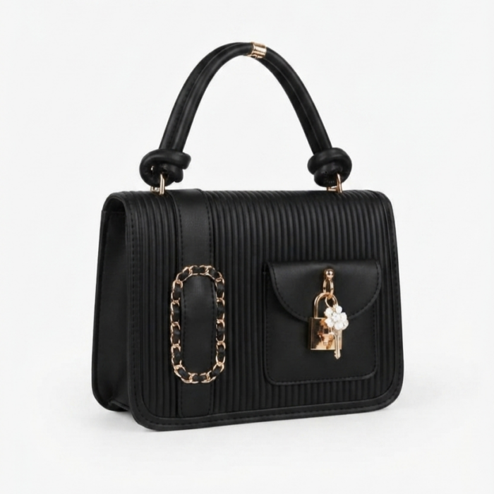 Classic Black Knotted Top-Handle Flap Bag with Ribbed Texture & Padlock Charm